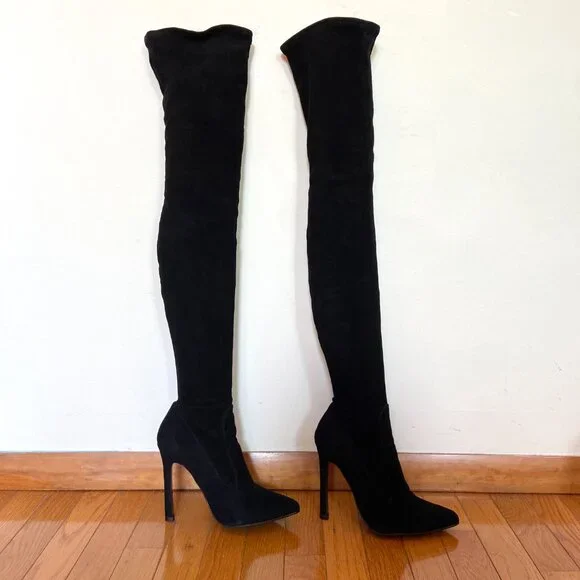 ZARA BLACK MICROSUEDE THIGH-HIGH BOOTS STILETTO HEELS 39 8 US - Picture 4 of 6